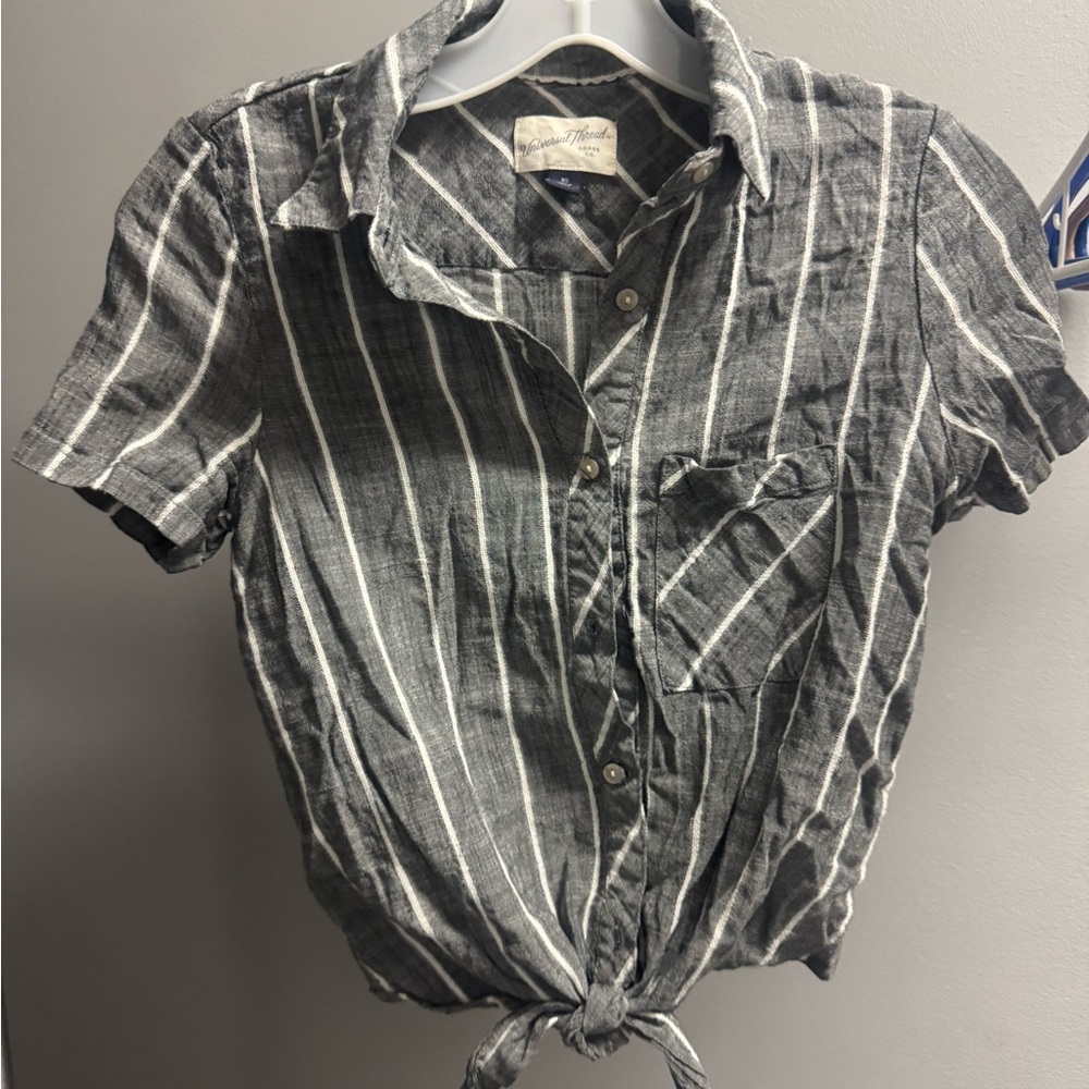 Gray Striped Button-Up Tie-Front Top